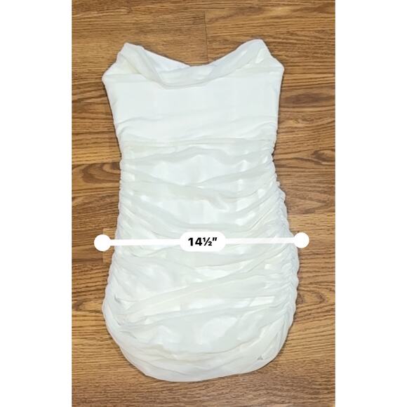 Michael Costello x REVOLVE ruched stain Bardot Mini Dress in Ivory small - Picture 4 of 12